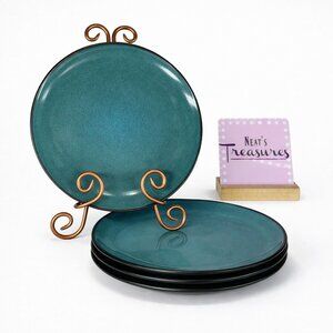 Gibson SOHO LOUNGE Teal In Black Out Round Ceramic 10.75" Dinner Plates Set of 4